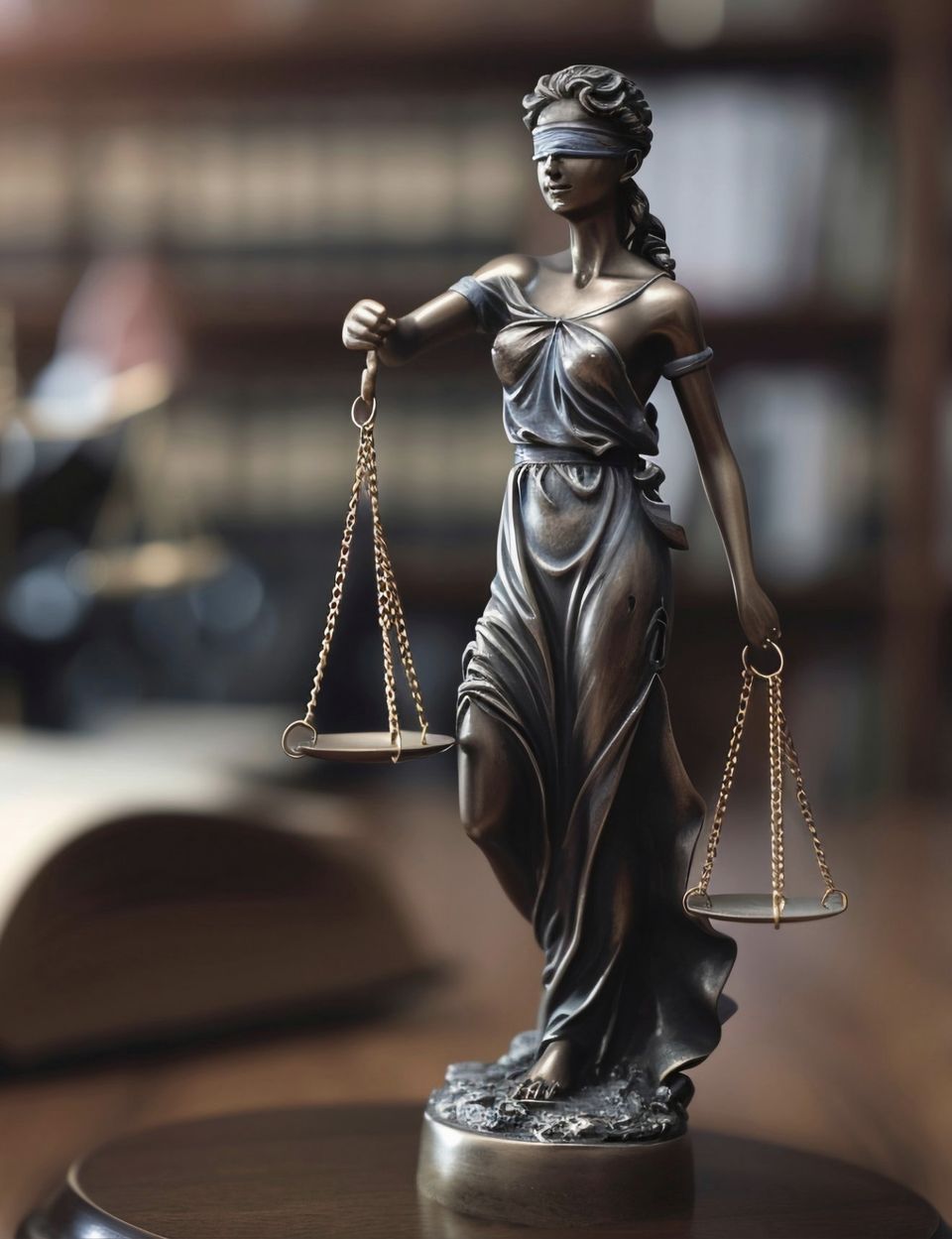 Statue of Lady Justice holding scales in a law office