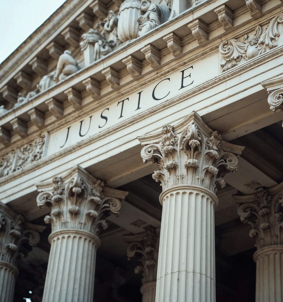 Courthouse facade with JUSTICE engraved above Corinthian columns